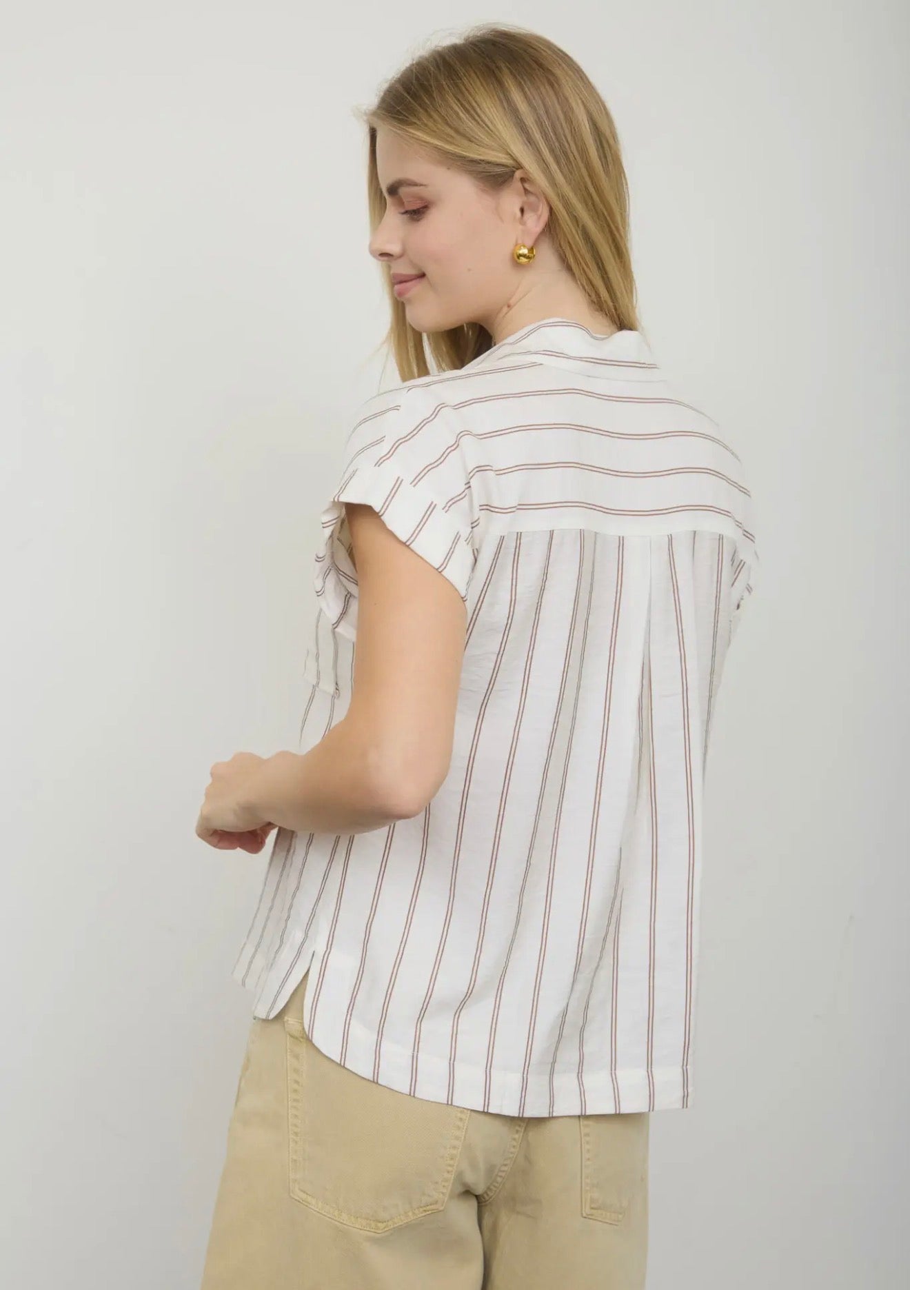 Stripe Collared Snap Button Down Short Sleeve Top