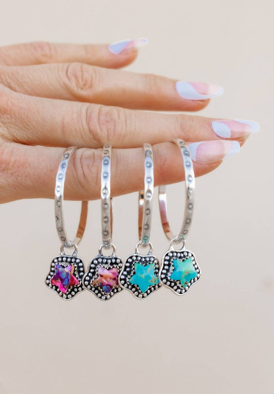 Star Stamped Hoop Sterling Silver Stone Earring