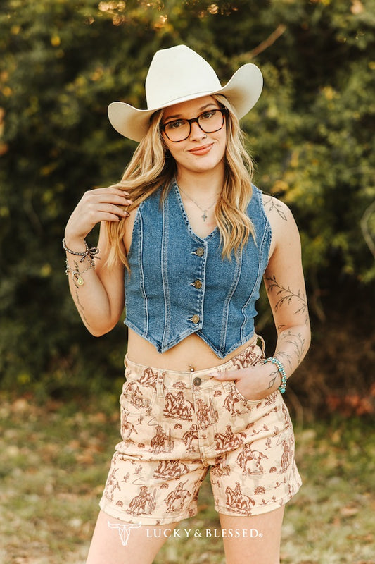 Cowtown Beige Western Print Shorts