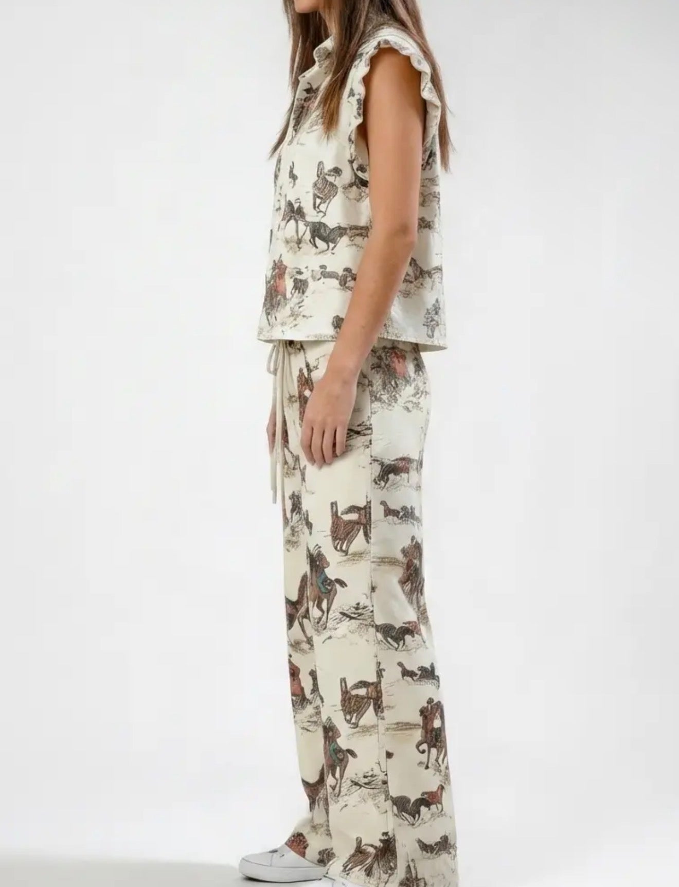 Horse Print Drawstring Wide-Leg Pants