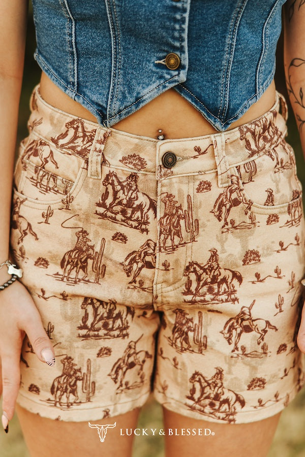 Cowtown Beige Western Print Shorts