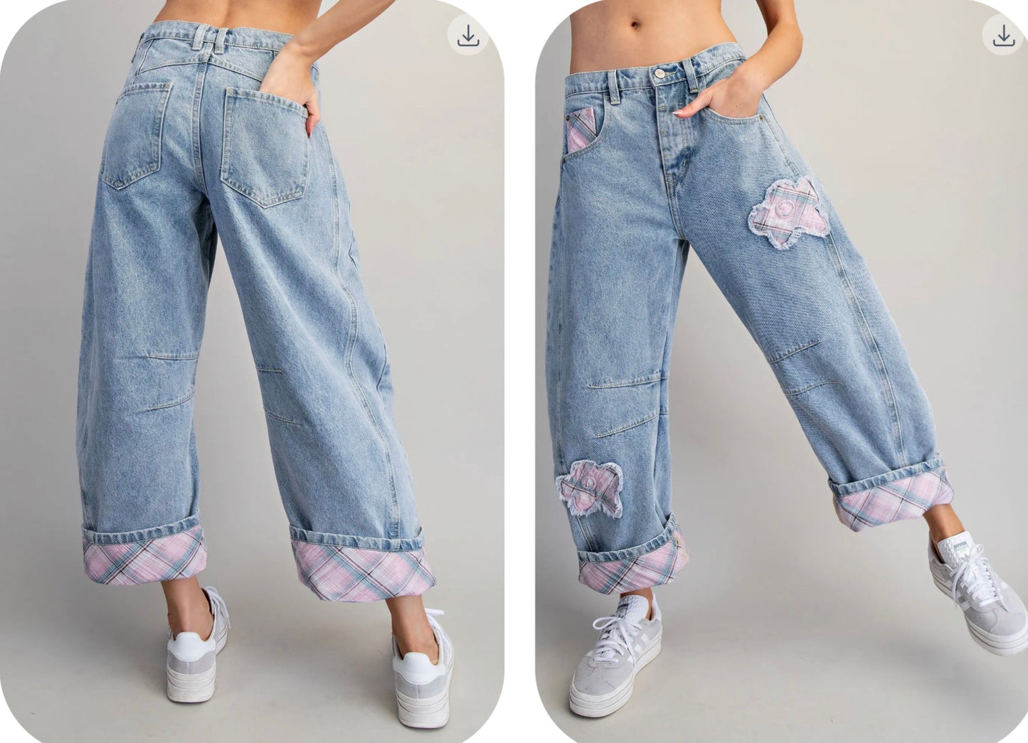 Floral Patch Plaid Denim Pants