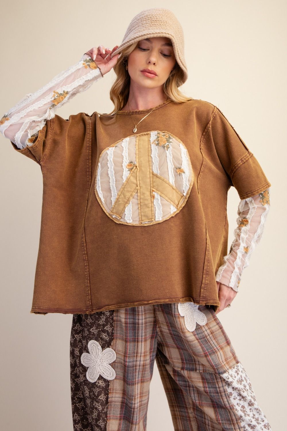 PEACE PATCH FRONT WASHED KNIT TOP - Plus Size