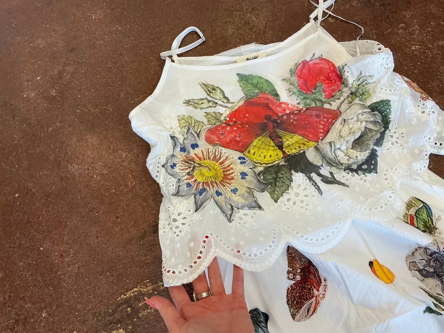 White spaghetti Strap Butterfly and Flower print dress