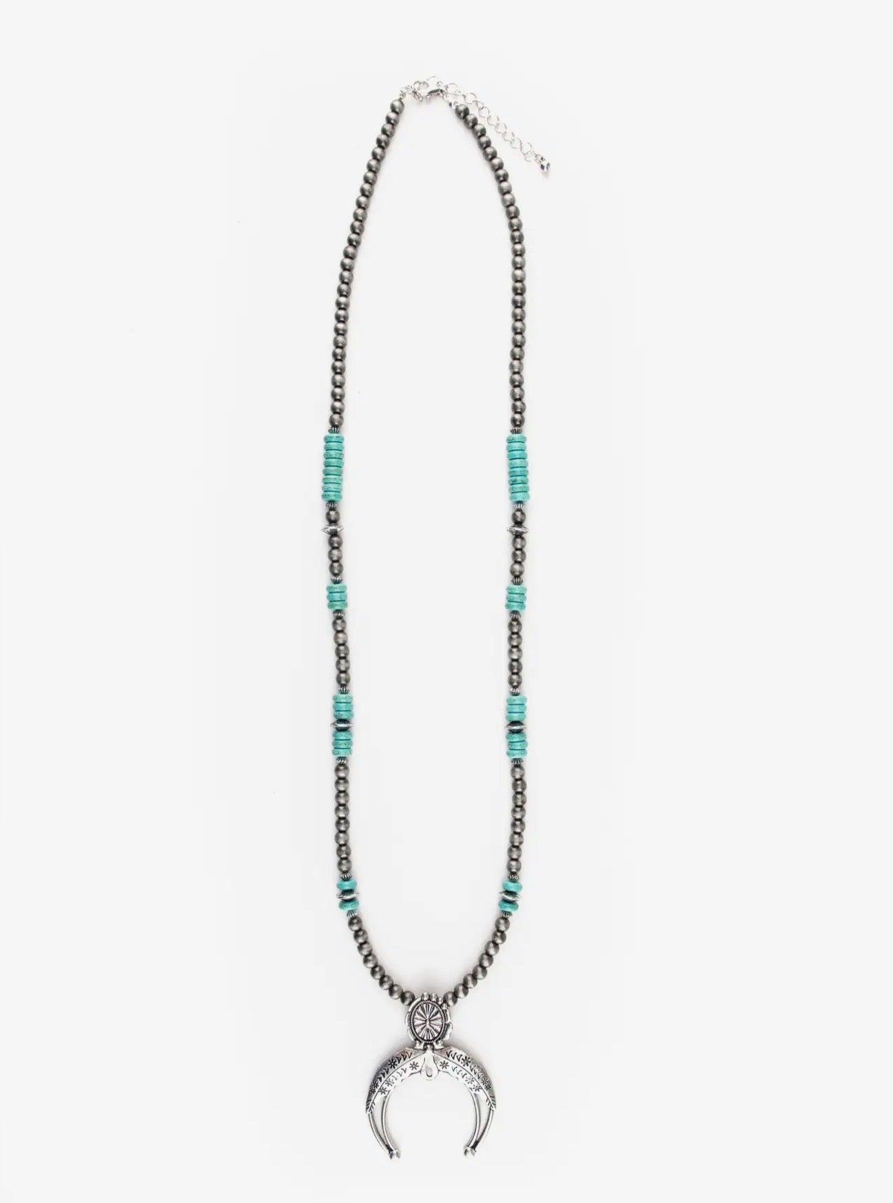 28" Turquoise & Faux Navajo Pearl
Necklace w/ Naja Pendant