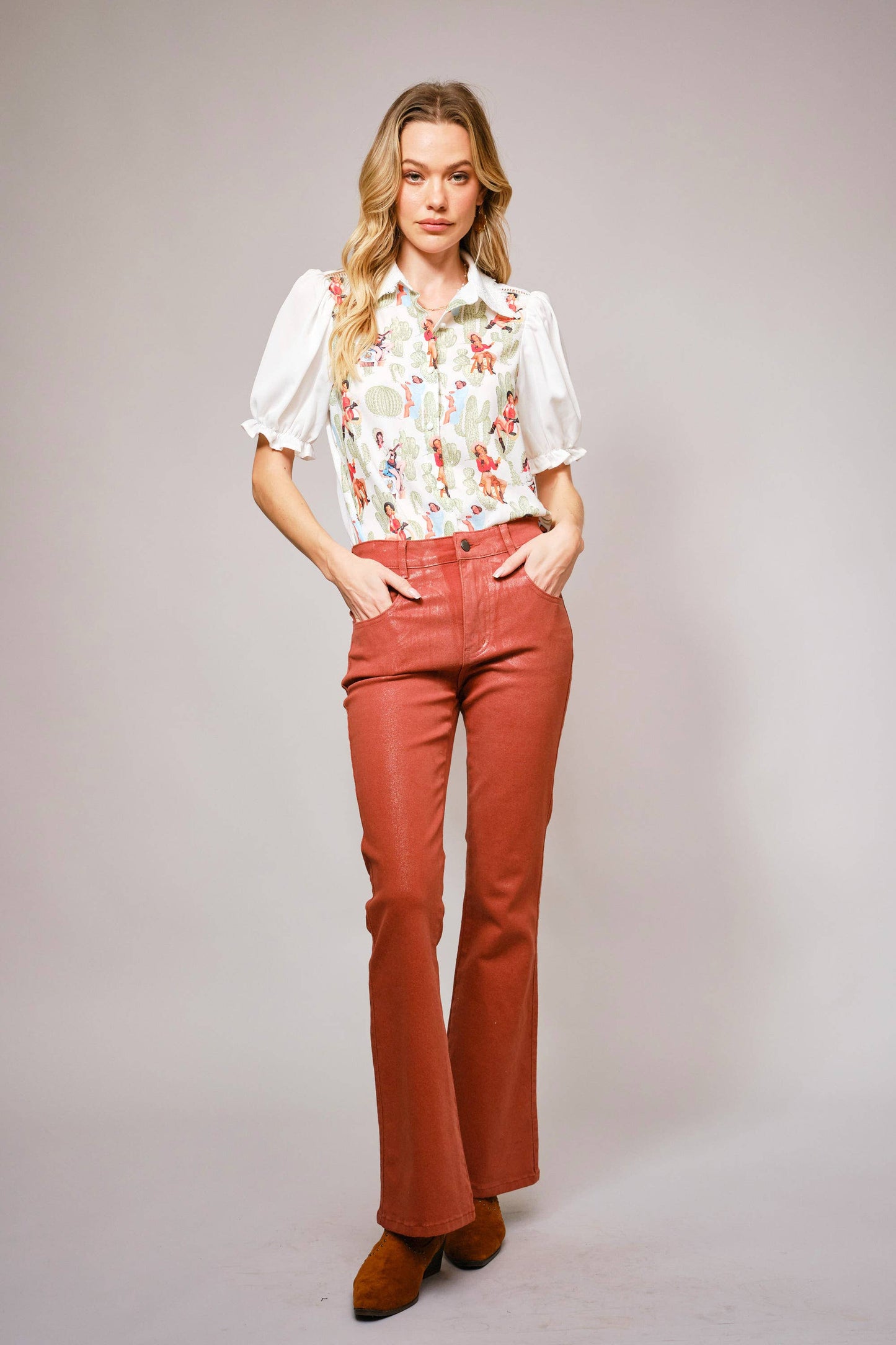 Pin Up Girl Cactus Print Lace Collar Blouse