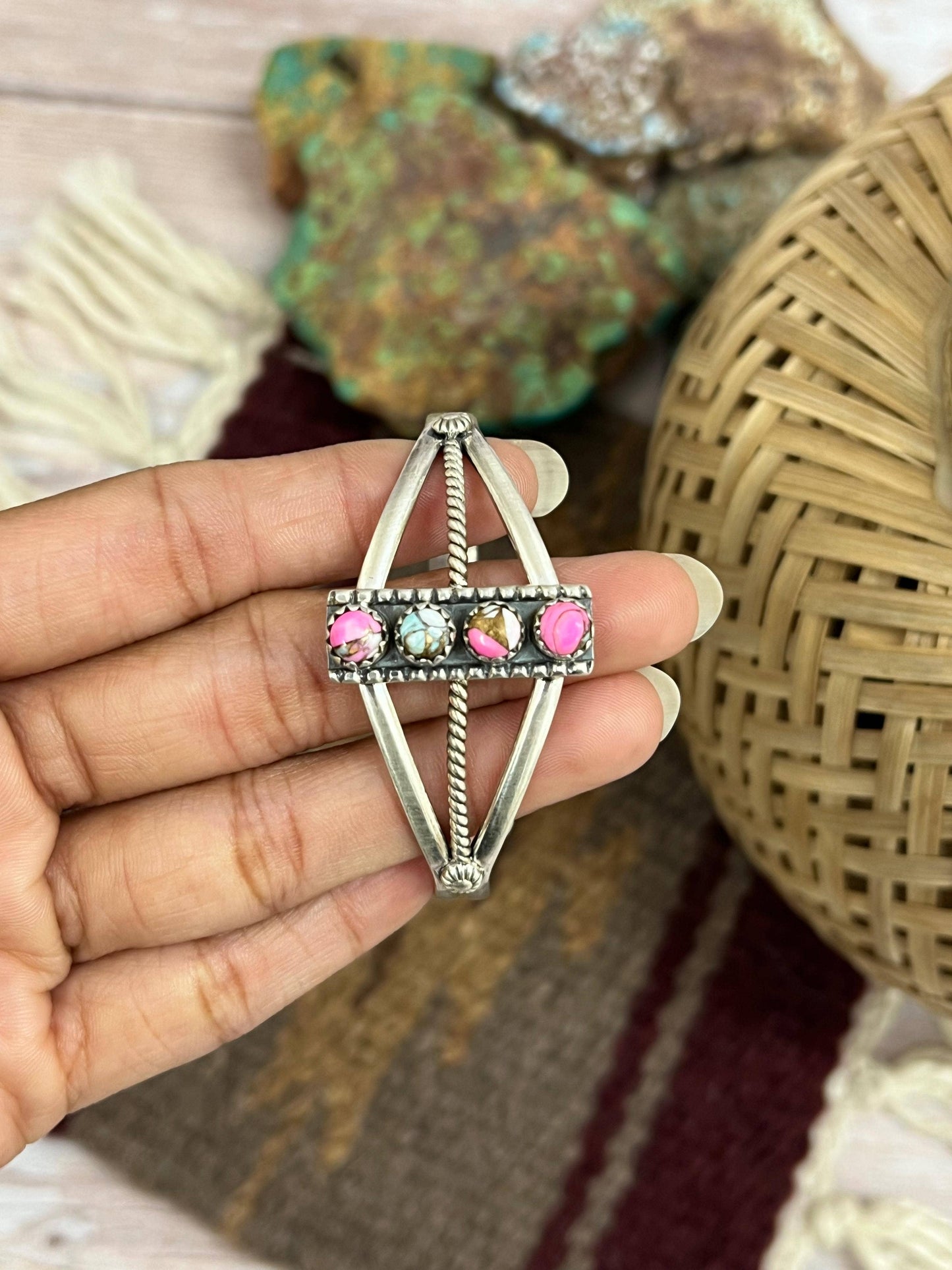 Handmade Sterling Silver Cotton Candy, Kingman Turquoise Cuff Bracelet with Signed Nizhoni