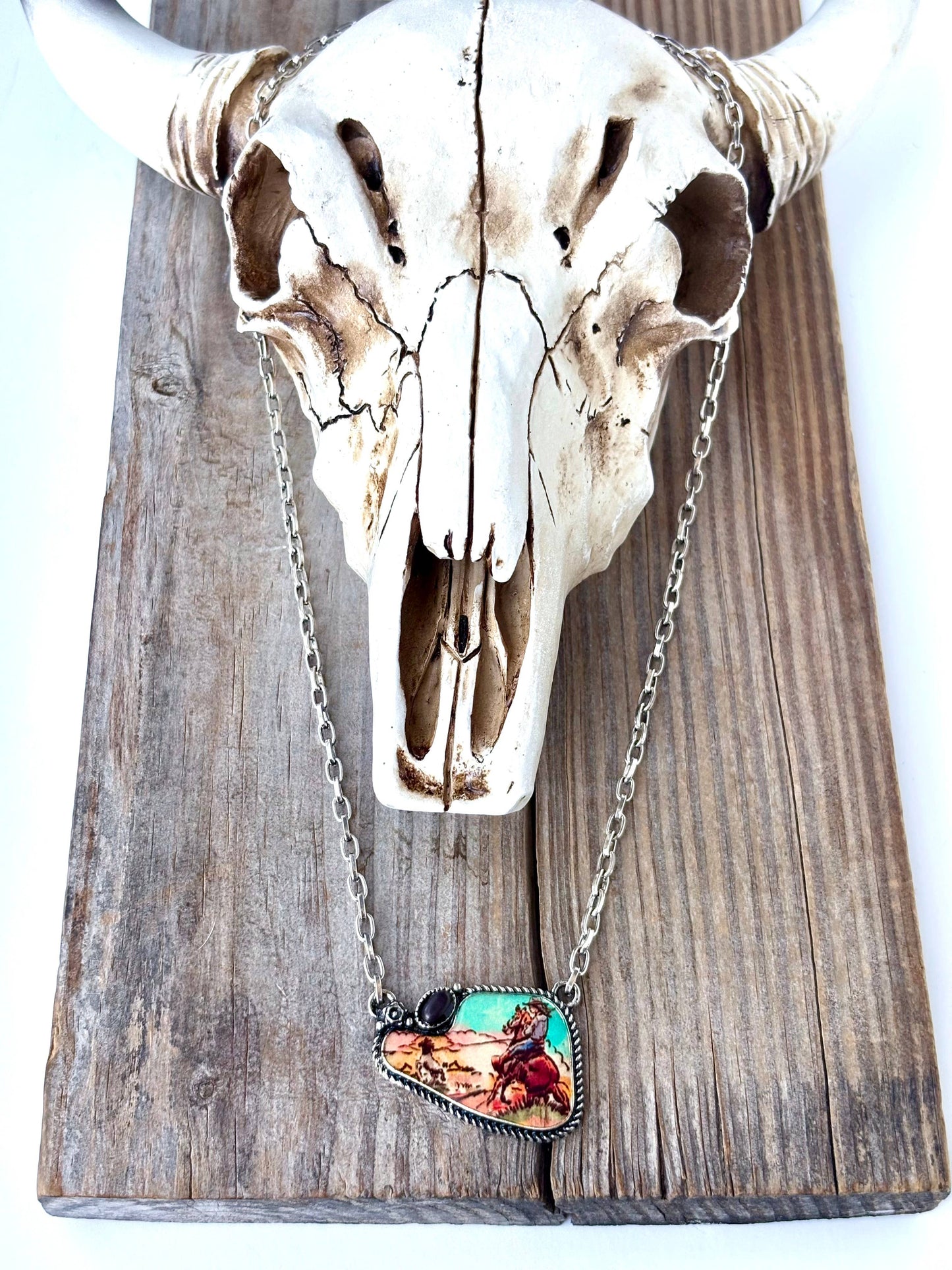 Western Rodeo Scenery with Stone Pendant Necklace