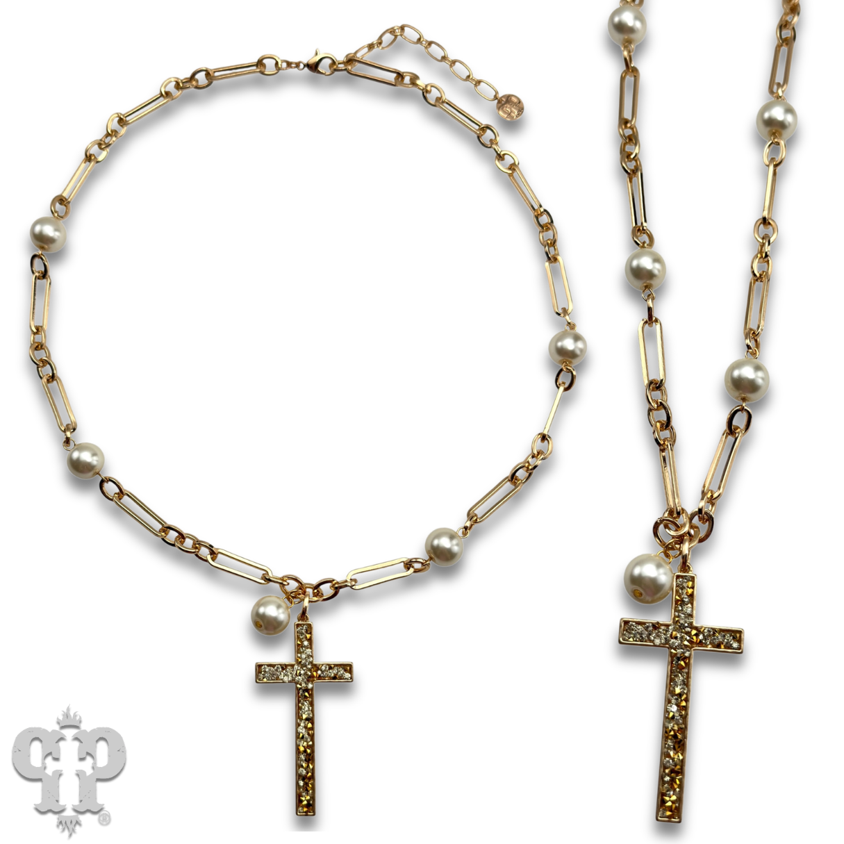 Gold and pearl bead necklace with cross pendant