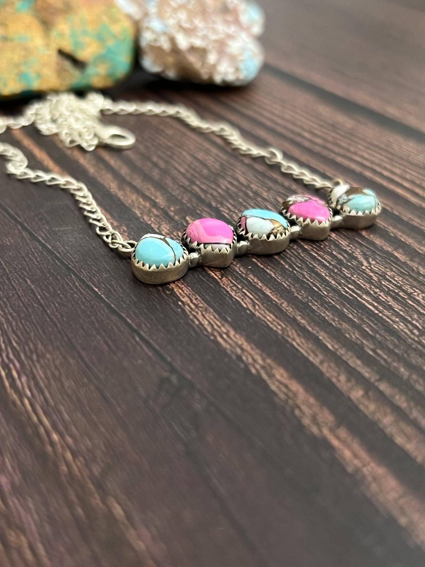 Handmade Sterling Silver Cotton Candy Turquoise Necklace with Signed Nizhoni