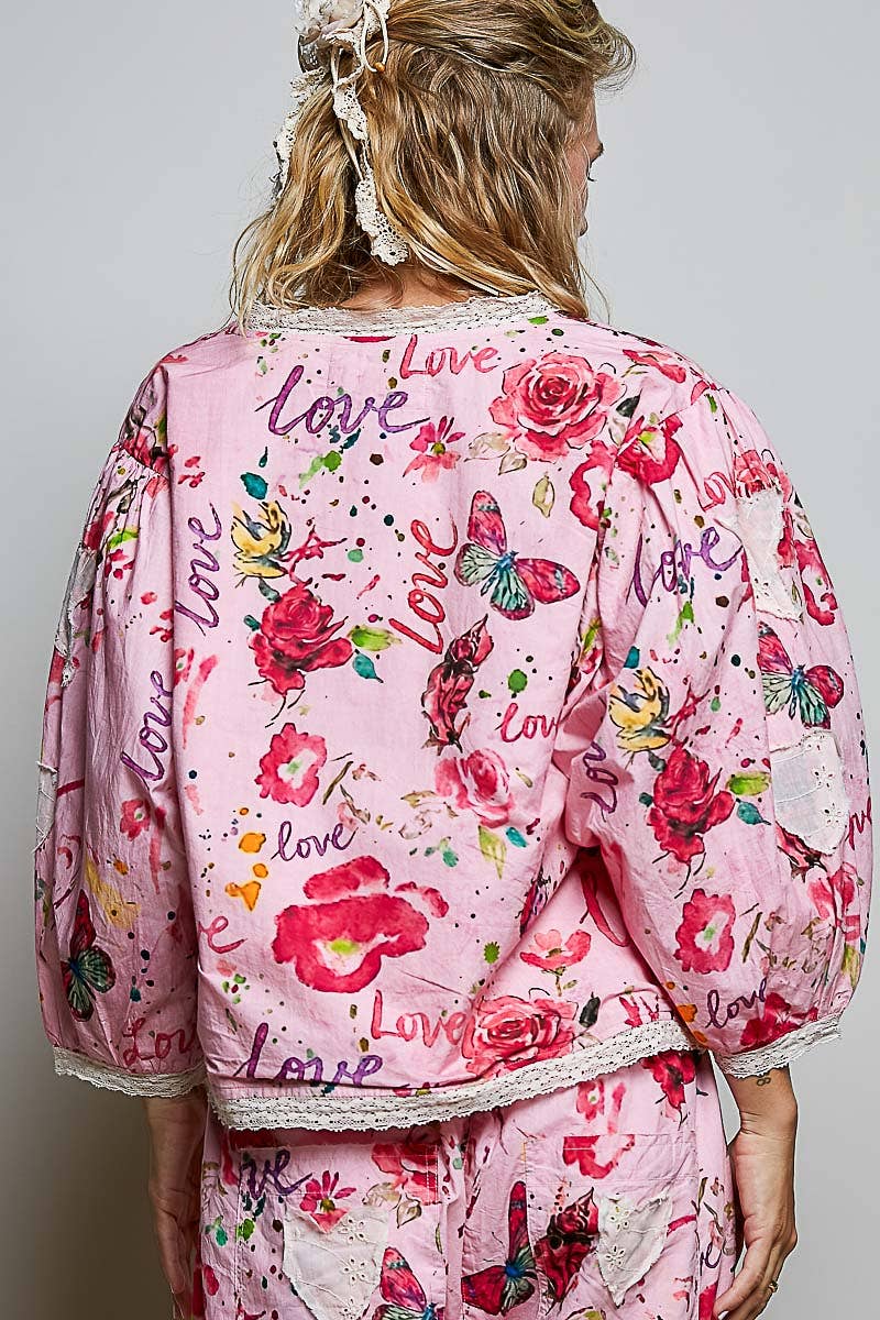 Lace Trimmed Placket Printed Vintage Star Appliqués Jacket