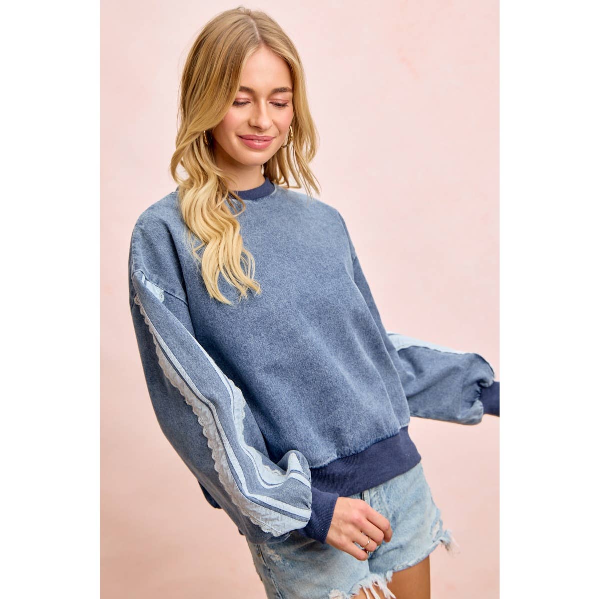WASHED DENIM LACE CONTRAST SIDED SWEATSHIRT TOP