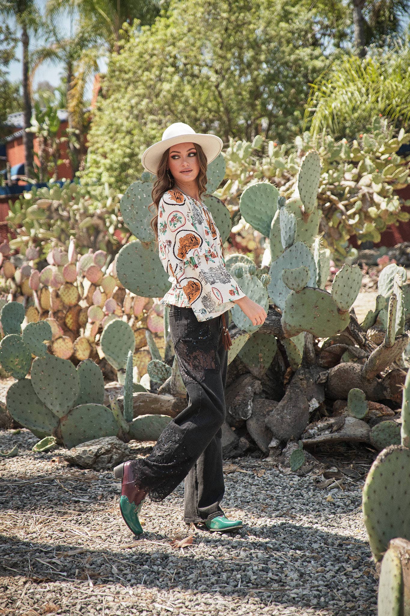 Western Print Peasant Blouse