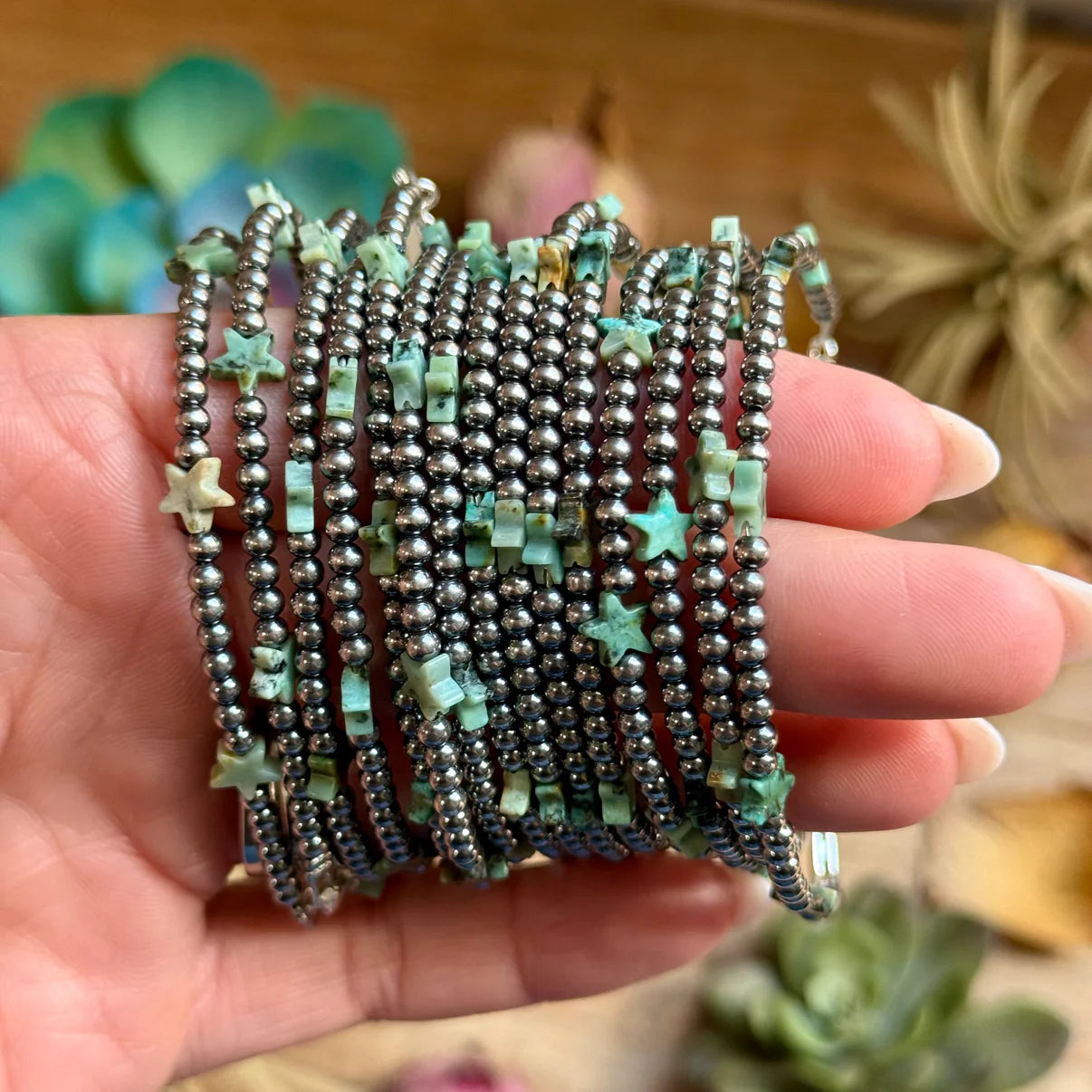 African Turquoise Onyx Star
Bracelet with Sterling Silver Pearls
