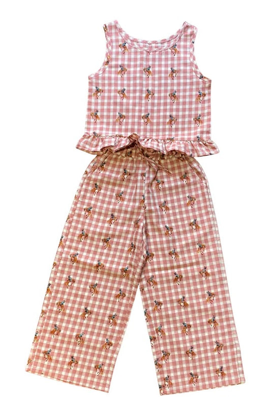 Pink Gingham Buckin Horse Pant Set