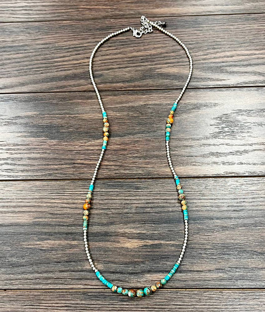 34" Clustered Gemstone, Silver Navajo Necklace