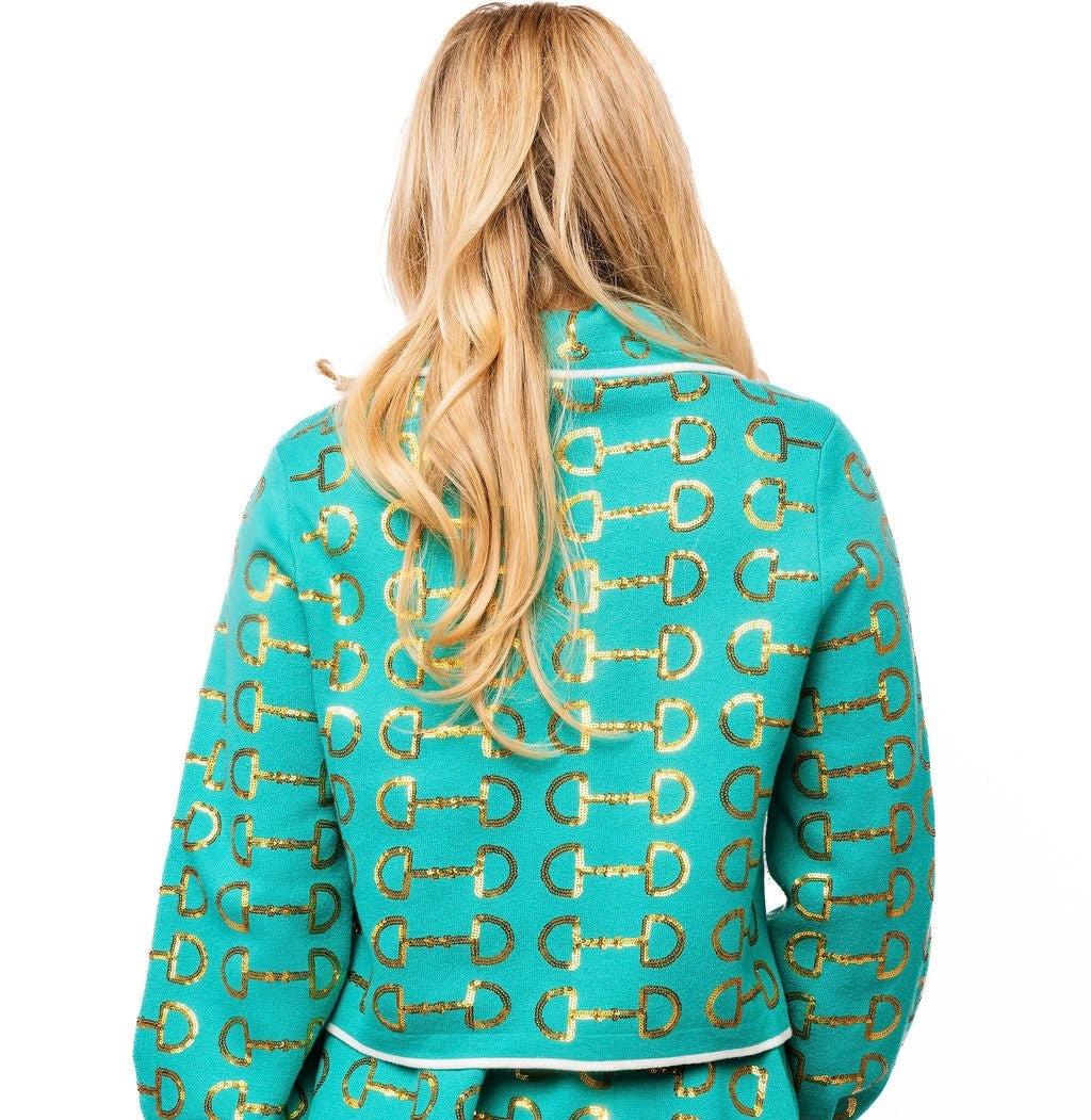 Queen Of Sparkles Mint & Gold Horse Bit Button Up Knit Collar Sweater