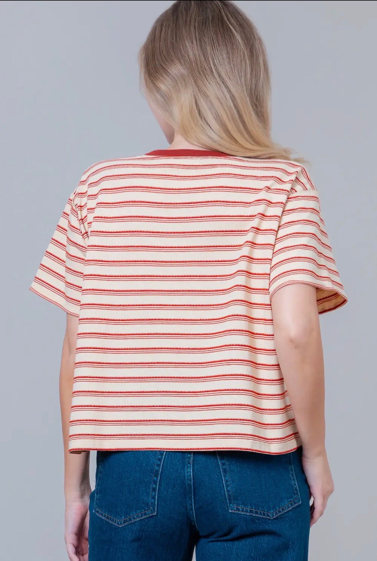 Short Sleeve Striped
Horseshoe Print Embroidery