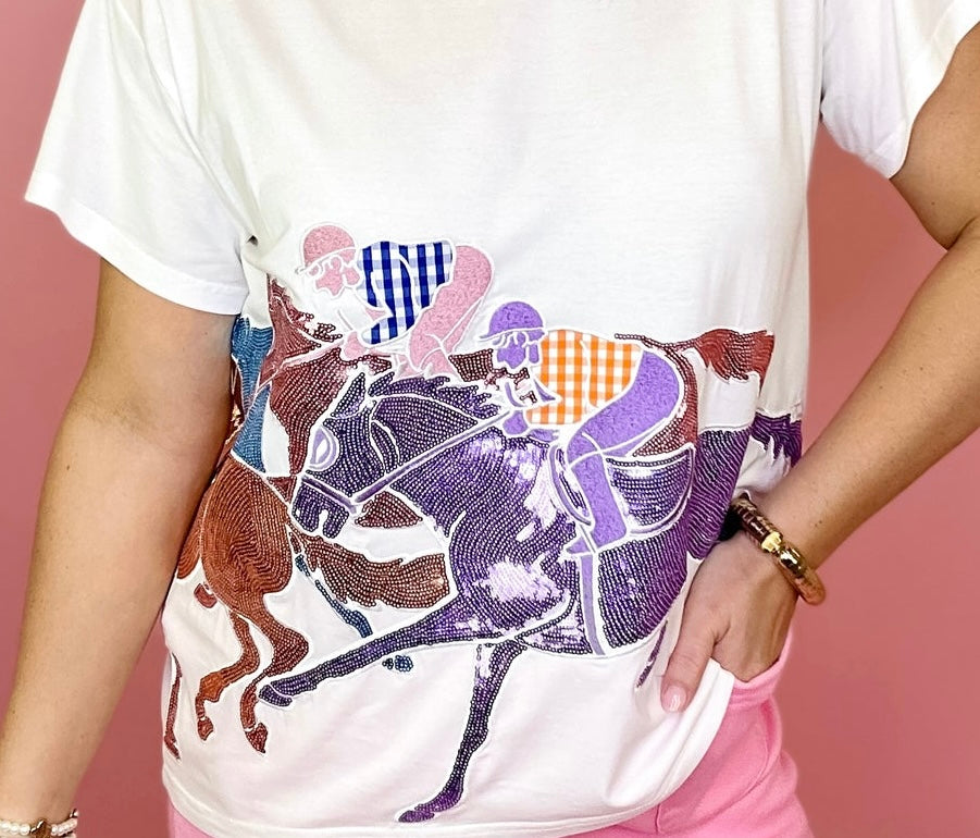 Queen Of Sparkles White Multi Jockeys on Horses Tee