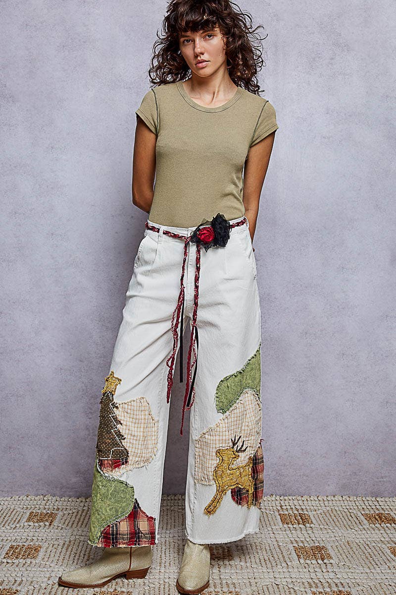 Christmas Woodland Patchwork Embroidered Wide Leg Pants