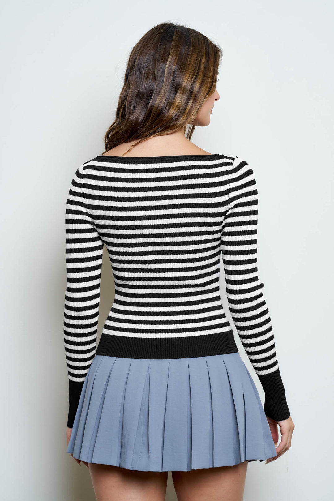 BOAT NECK STRIPE RIBBED LONG SLEEVE SWEATER TOP