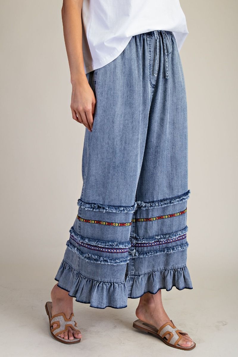 RUFFLE BOTTOM STONE WASHED CHAMBRAY PANTS