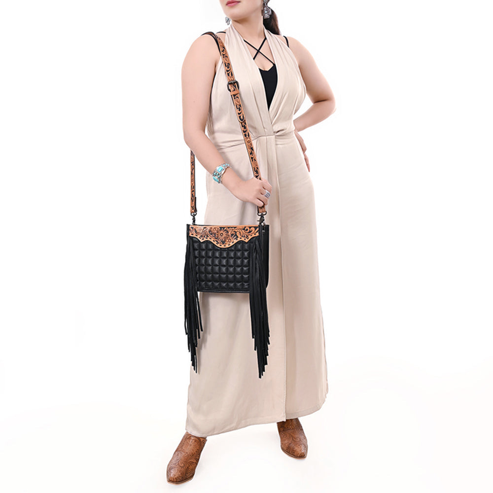 Black Genuine Leather Crossbody Bag with Hand-Tooled Details and Fringes