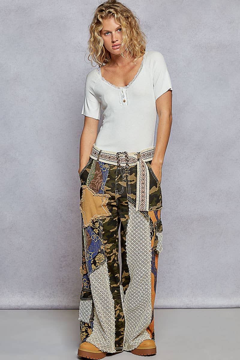 Printed patchwork detail woven twill pants