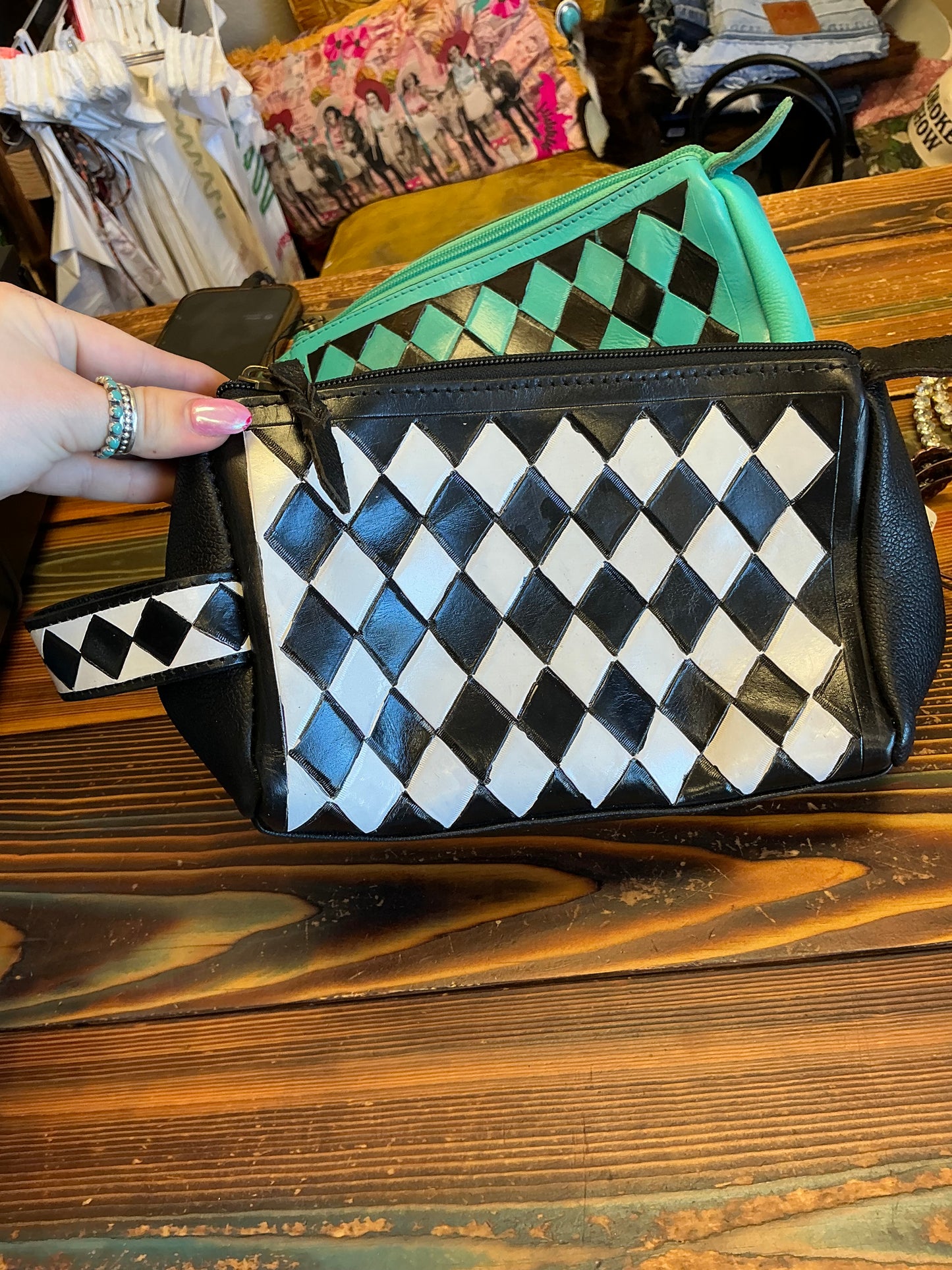 Checkered Leather Makeup Bag