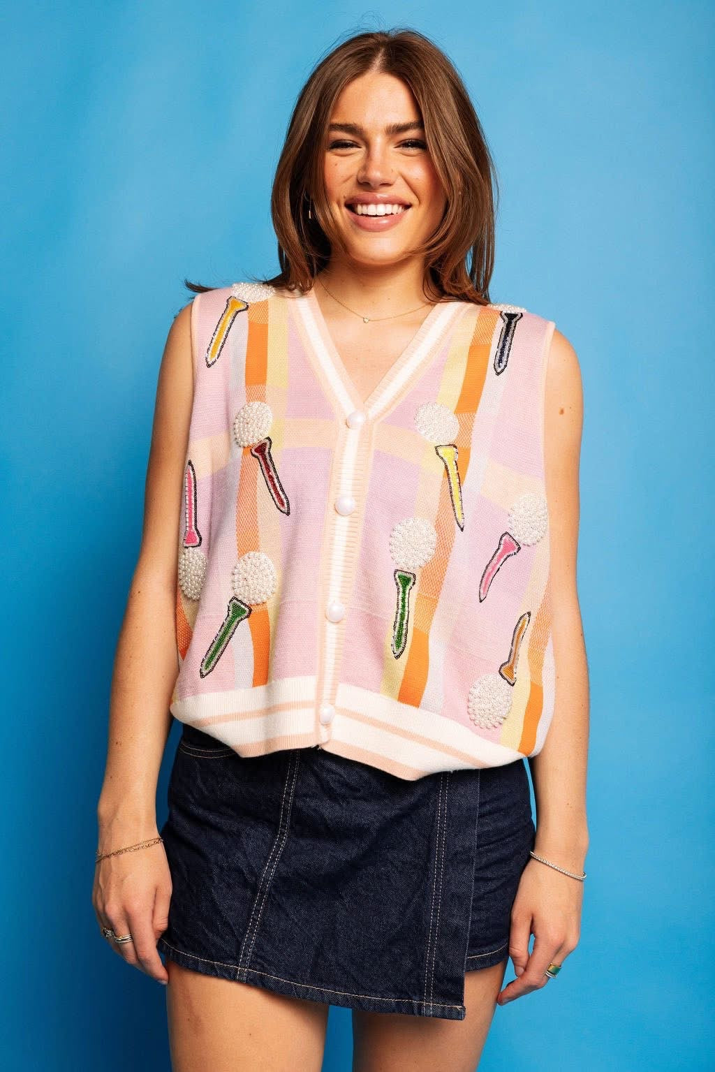 Queen Of Sparkles Light Pink Plaid Golf 'Tee Time' Sweater Vest