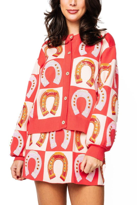 QUEEN OF SPARKLES HOT PINK CHECKERED HORSE SHOE BUTTON UP SWEATER