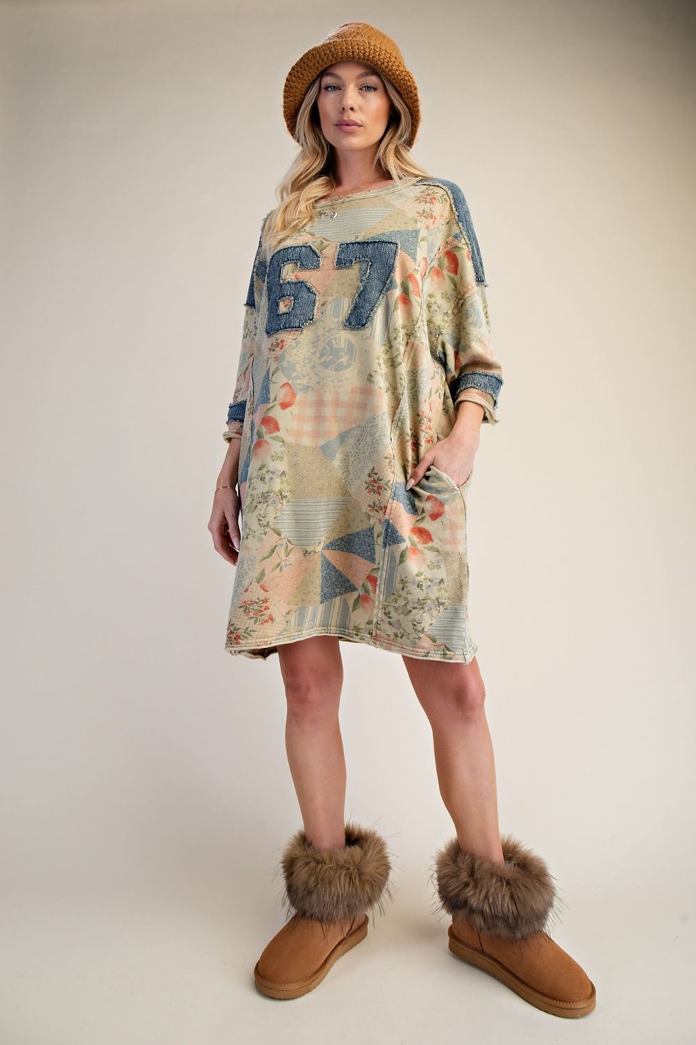 RETRO 67 PATCH FRONT WASHED TERRY T-SHIRT DRESS