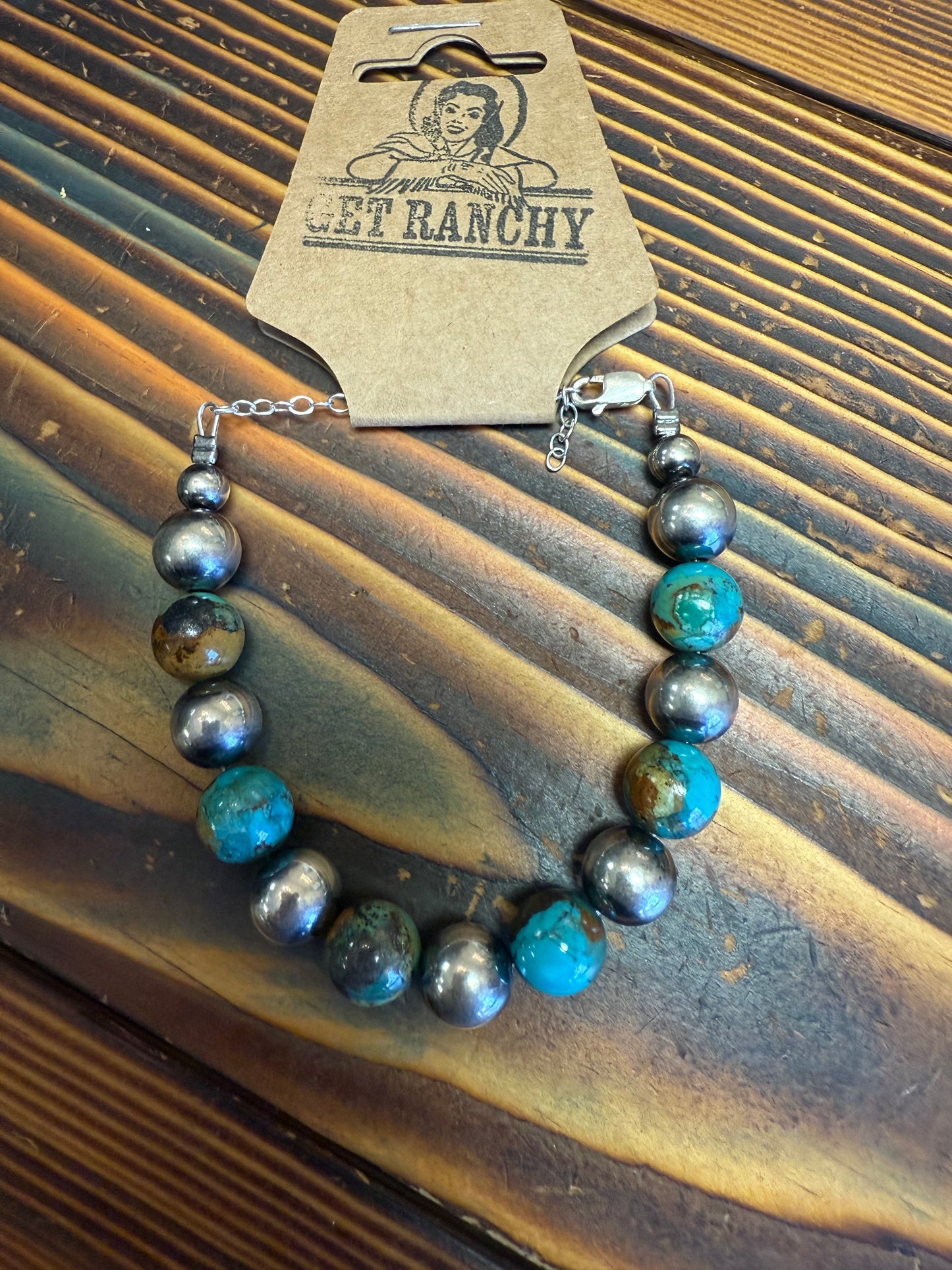 10mm sterling silver pearls bracelet and turquoise