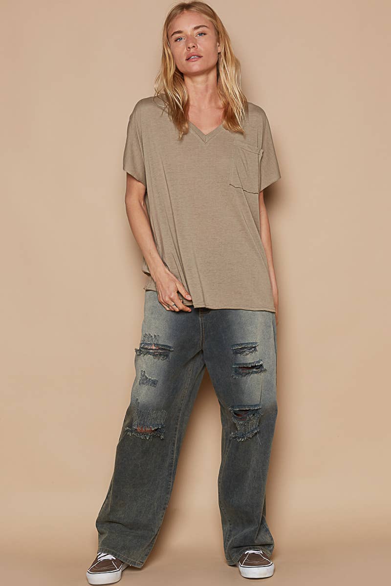 Oversized v-neck front pocket short sleeve solid top SALE