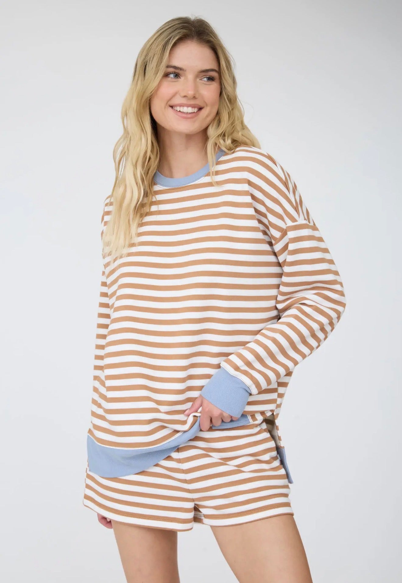 Striped Boxy Long Sleeve Contrast Knit Top and/or Ribbed Waist Knit Shorts
