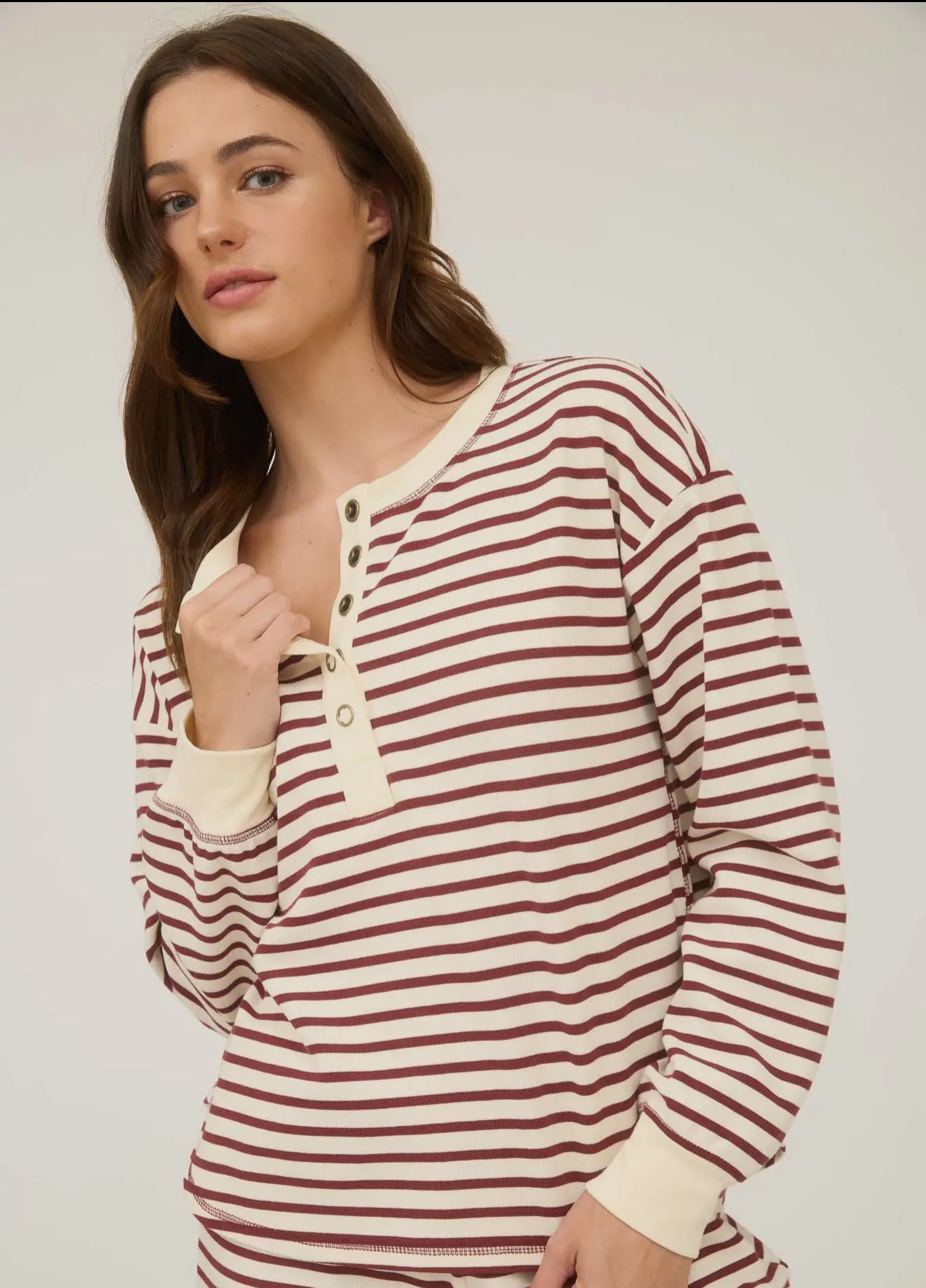 Stripe Henley Snap Button Long Sleeve
Knit Top