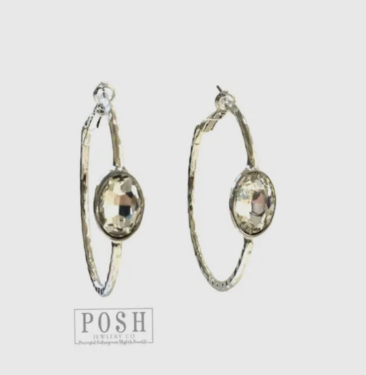 Rhinestone Oval Hammered
Hoop Earring