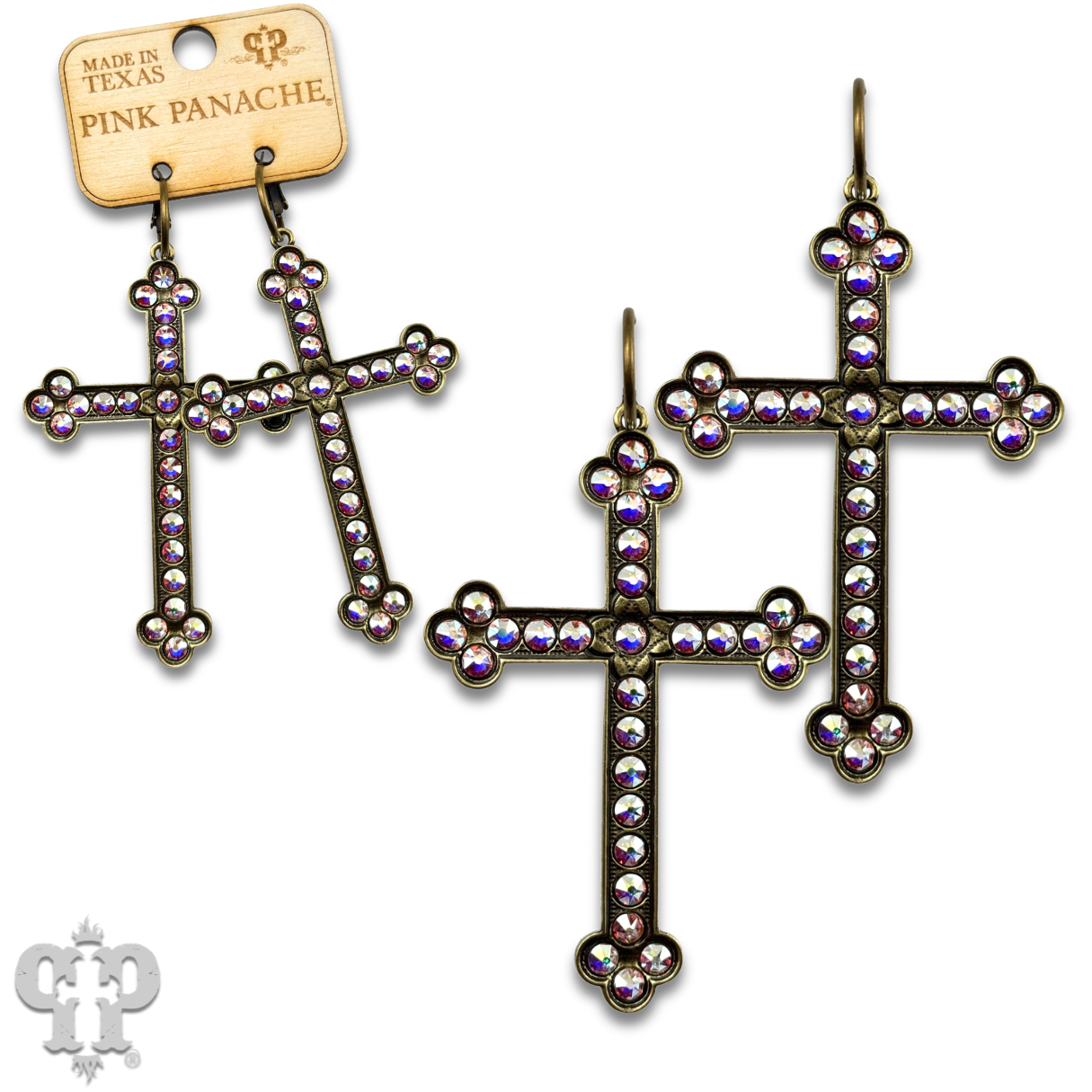 Large gold cross earring with Austrian crystals