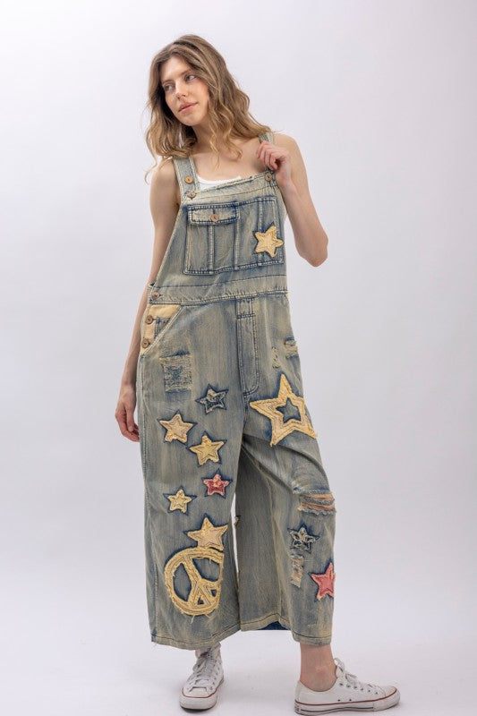 Star And Peace Patchwork Denim Bib Overalls