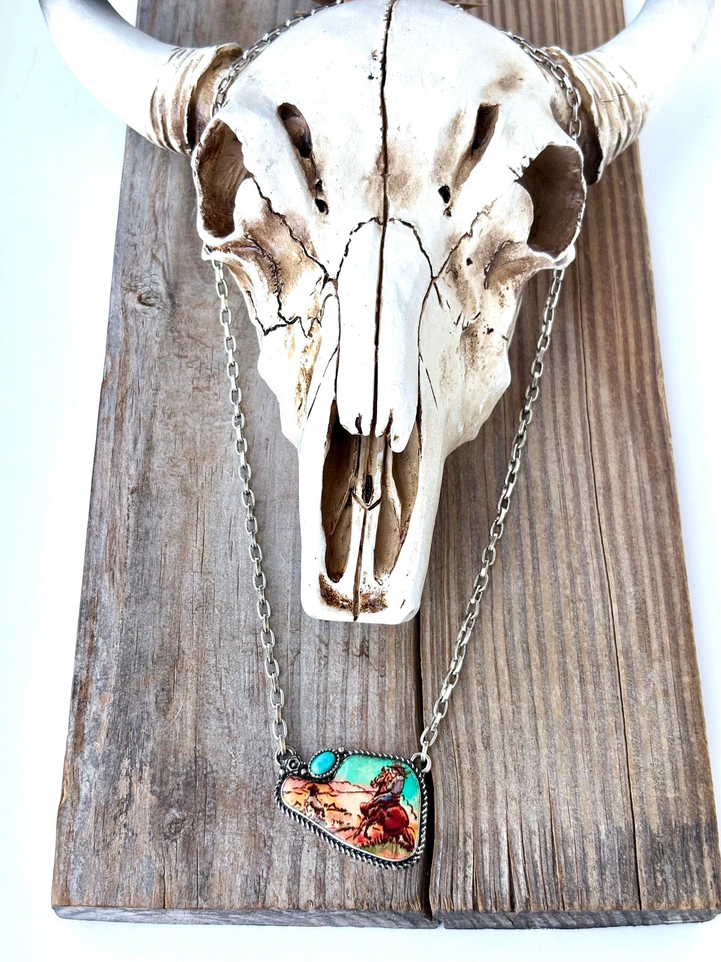 Western Rodeo Scenery with Stone Pendant Necklace