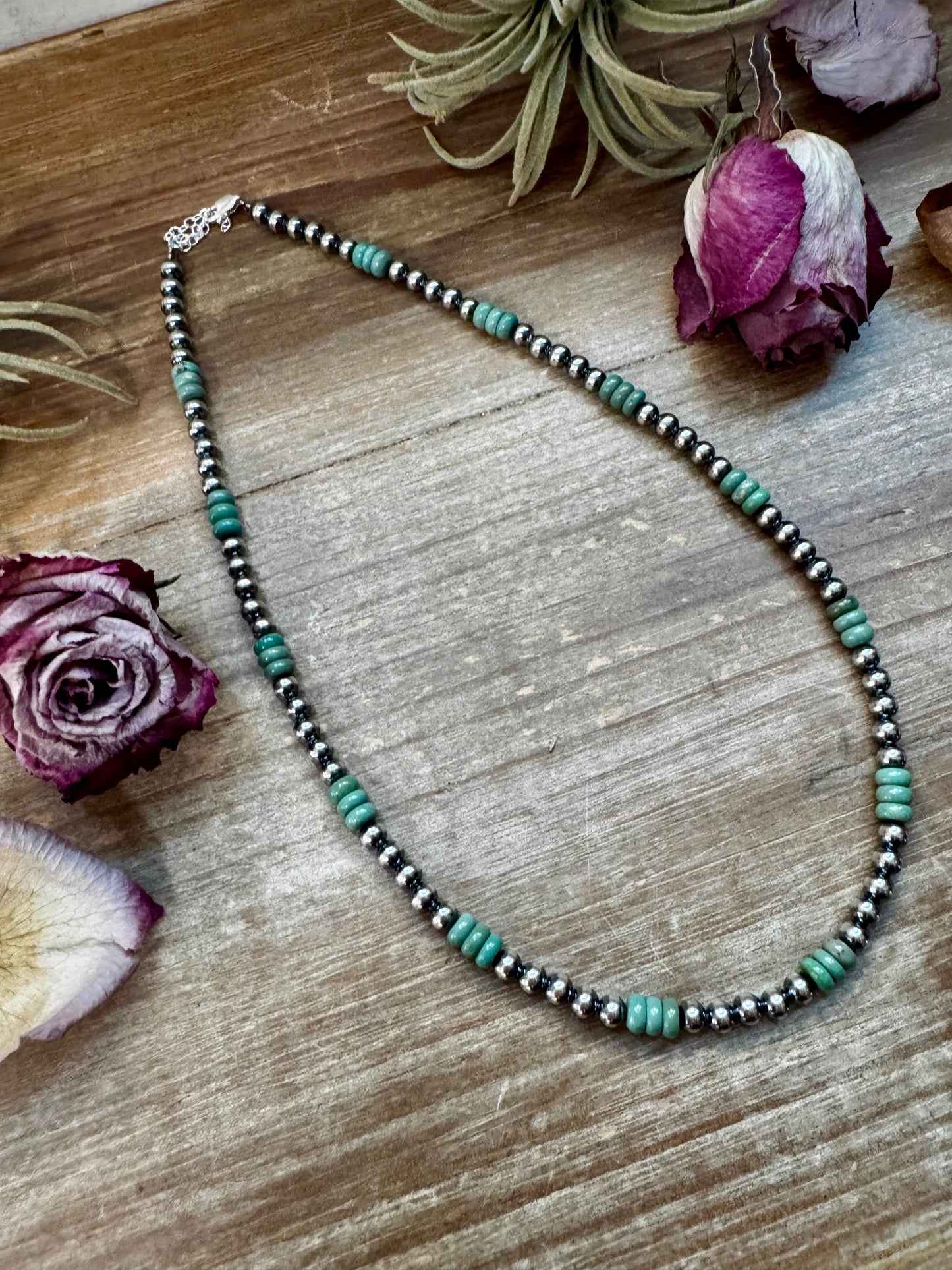 Green Turquoise & Sterling Silver Pearl Necklace -5mm - 19"