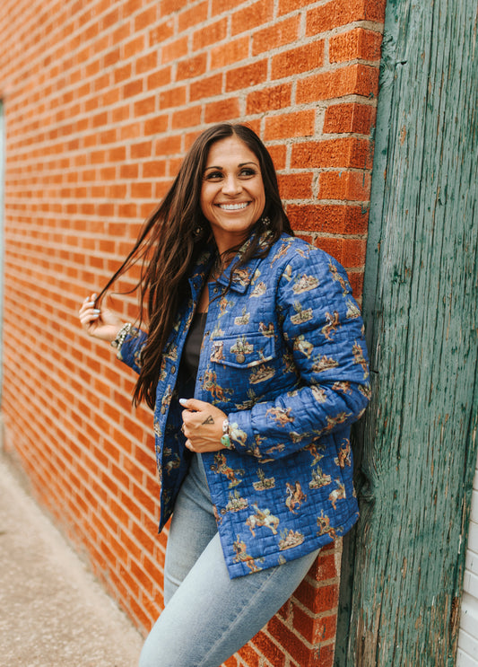 BLUE WESTERN COWBOY DESERT PRINTED QUILTED JACKET