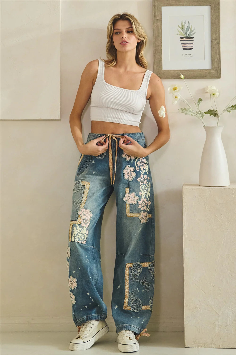 WASHED BLOCK PATCHED DENIM PANTS