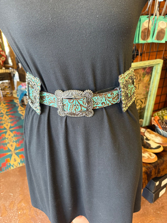 Turquoise Tooled Leather Square Concho Belt