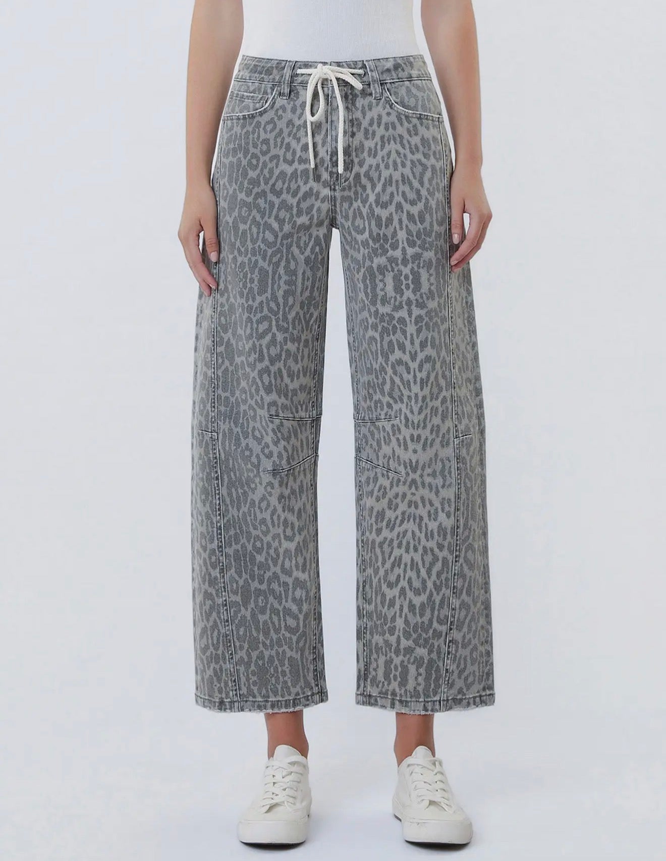 High Rise Drawstring Grey Leopard Barrel Jeans by Vervet