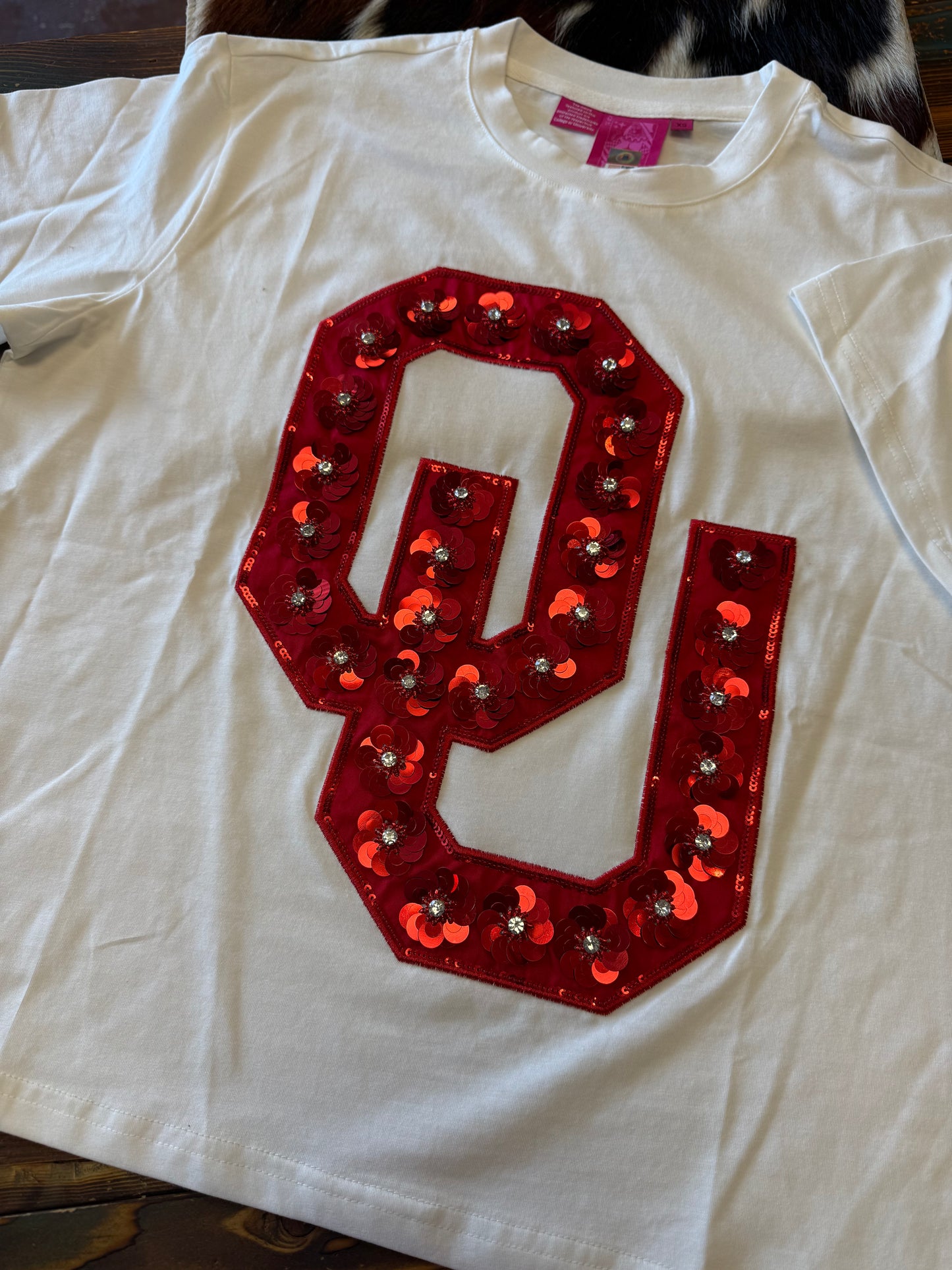 Queen Of Sparkles Licensed Oklahoma Mascot Sequin Flower Tee