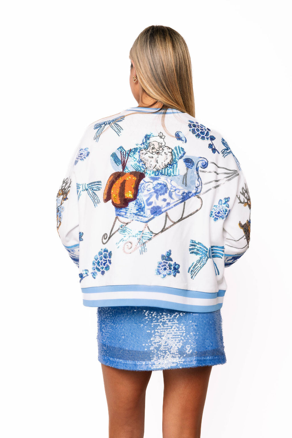 Queen Of Sparkles BLUE & WHITE FLORAL VINTAGE SANTA SWEATSHIRT