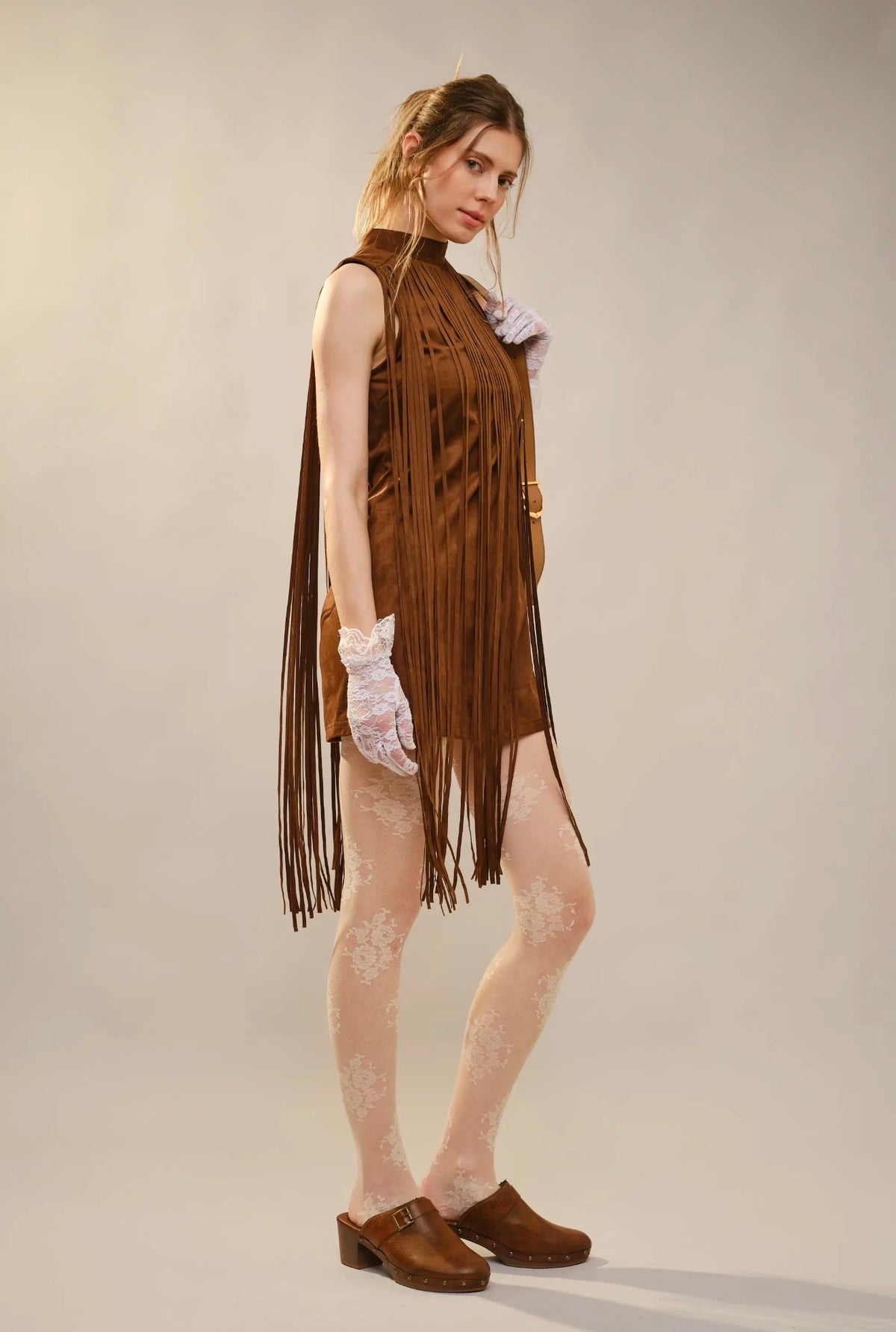 Mock Neck Suede Fringe Mini Dress
