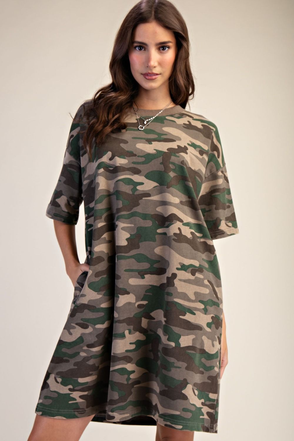 CAMOUFLAGE PRINT WASHED TSHIRT DRESS