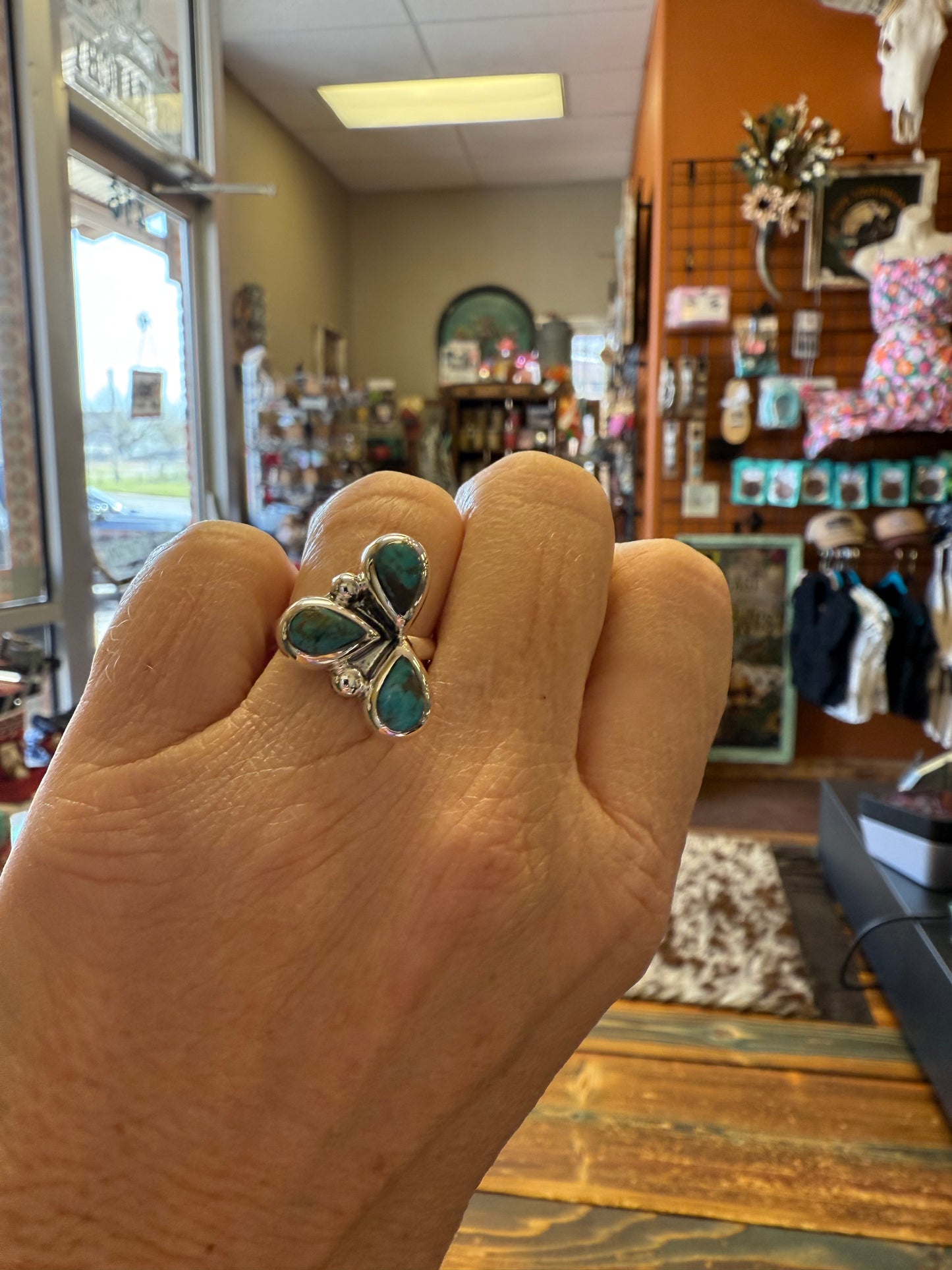 Genuine Turquoise Triple Teardrop Adjustable Ring